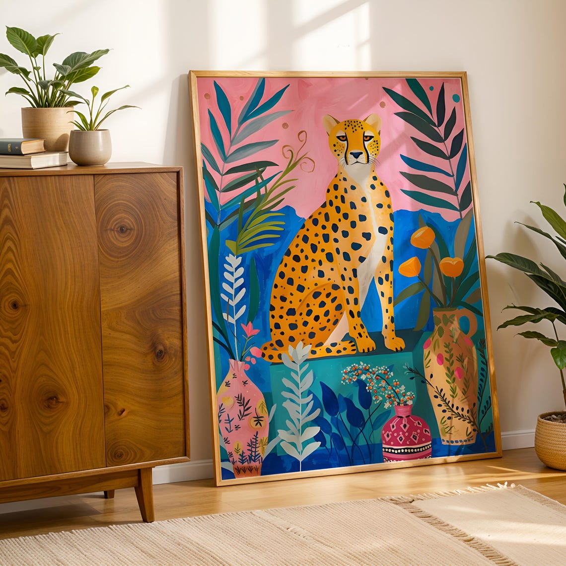Maximalist Cheetah Pink Jungle Botanical Colorful Animal Art Poster - Image 6