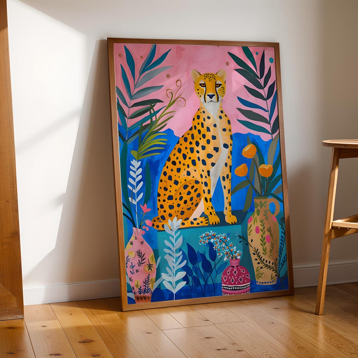 Maximalist Cheetah Pink Wall Art Jungle Animal Print Colorful Botanical Decor Luxury Home Instant