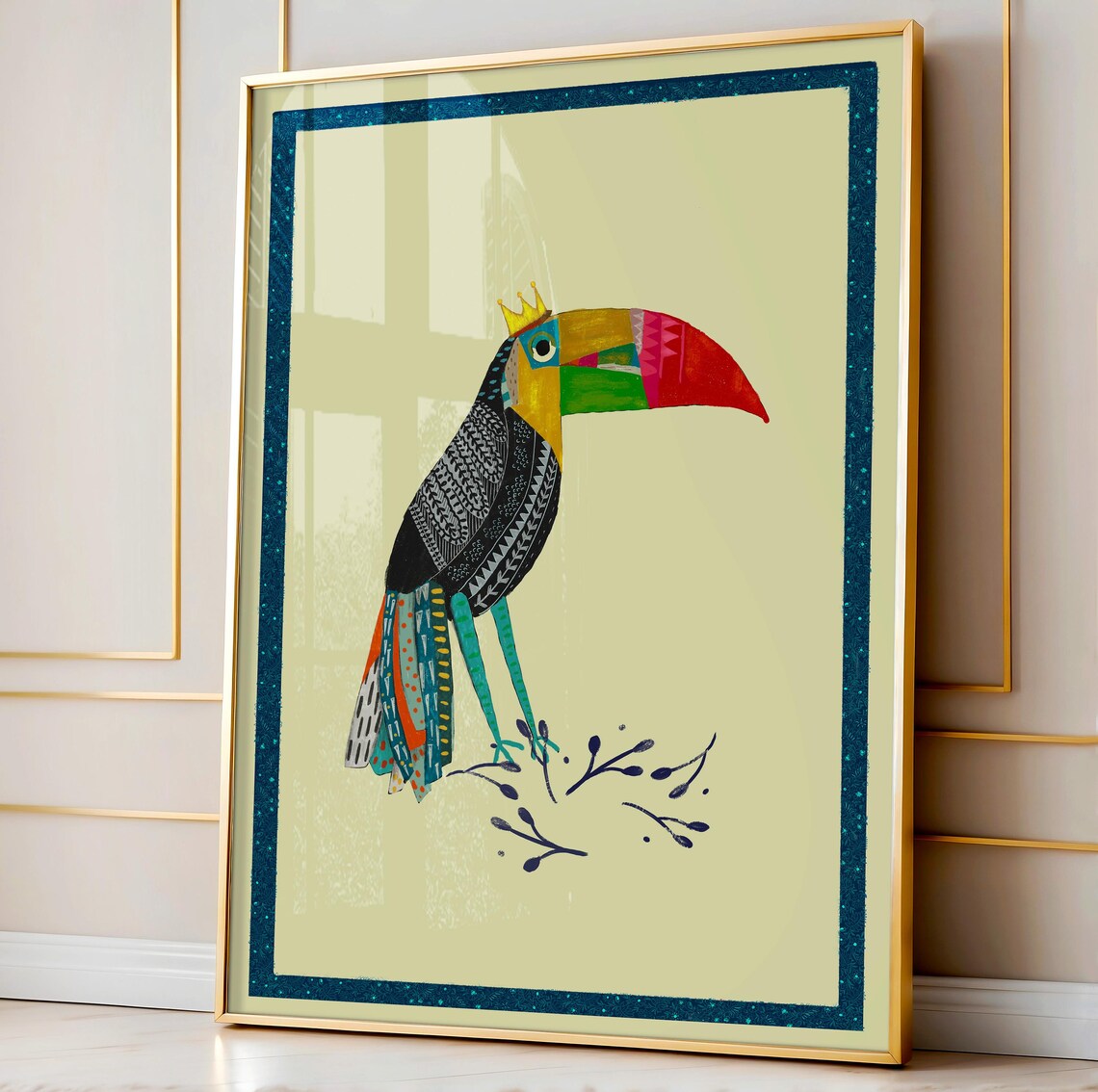 Crowned Toucan Folk Art Print Colorful Tropical Bird Nursery Wall Decor - Image 2