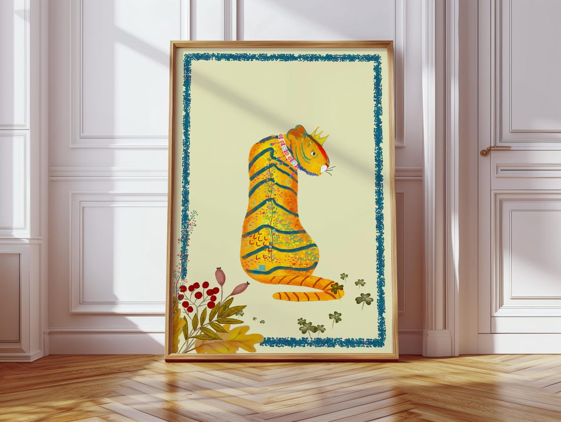 Crowned Tiger With Floral Pattern Folk Art Jungle Nursery Poster - Image 2