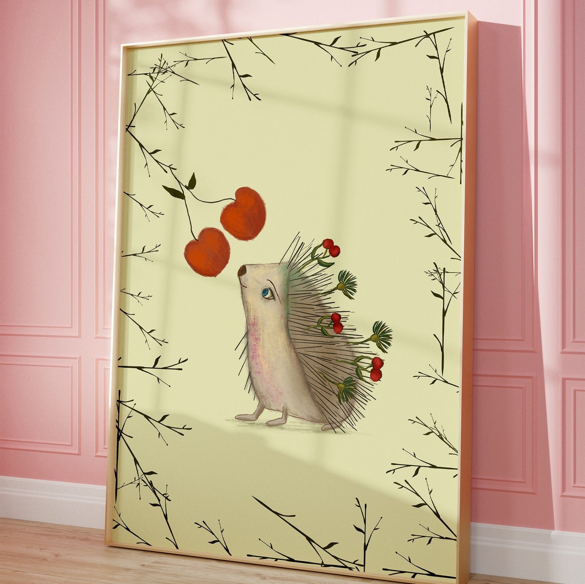 Cute Hedgehog Reaching For Red Apples Woodland Nursery Poster - Image 2