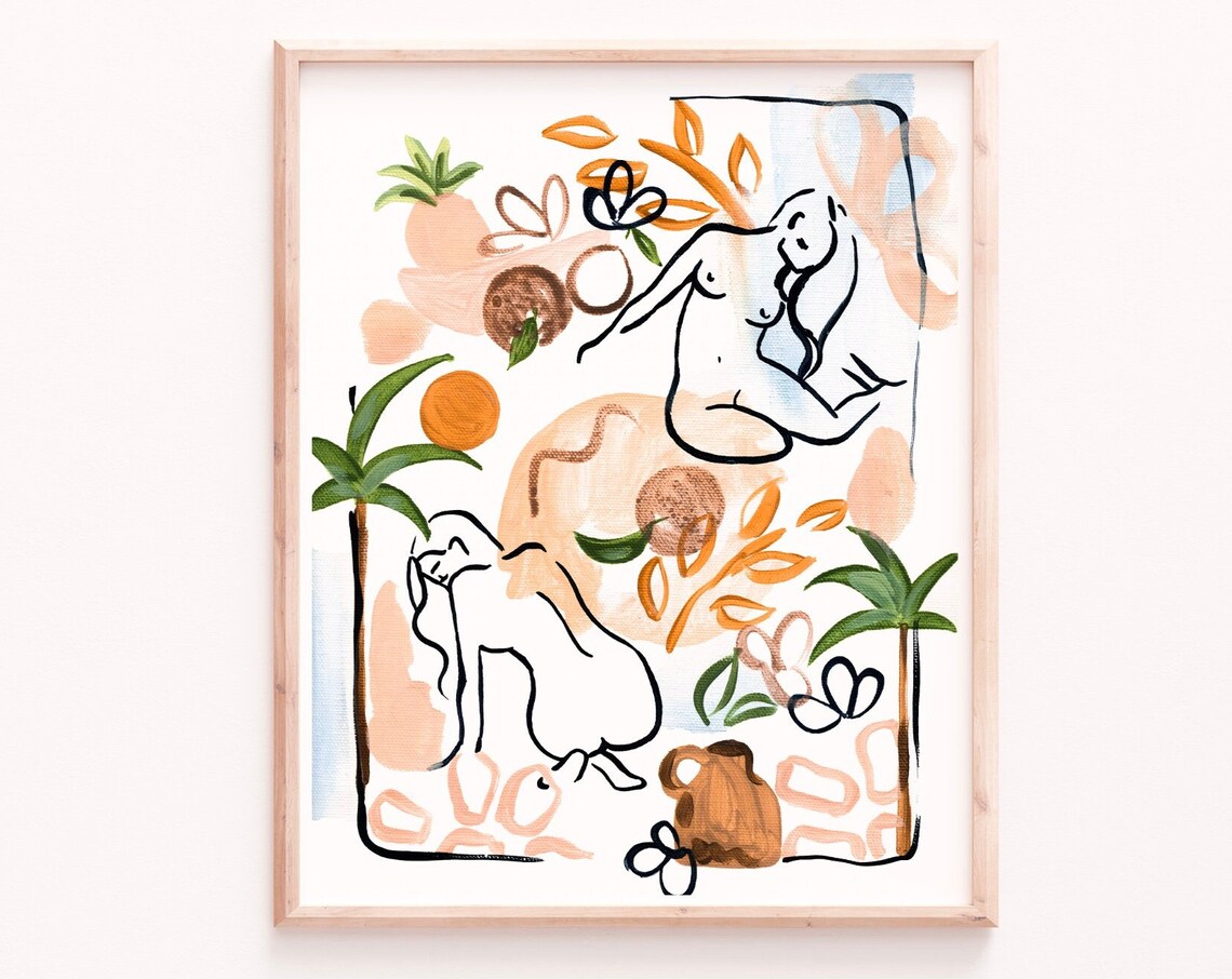 Abstract Line Art Women Figures Palm Trees Summer Acrylic Wall Art