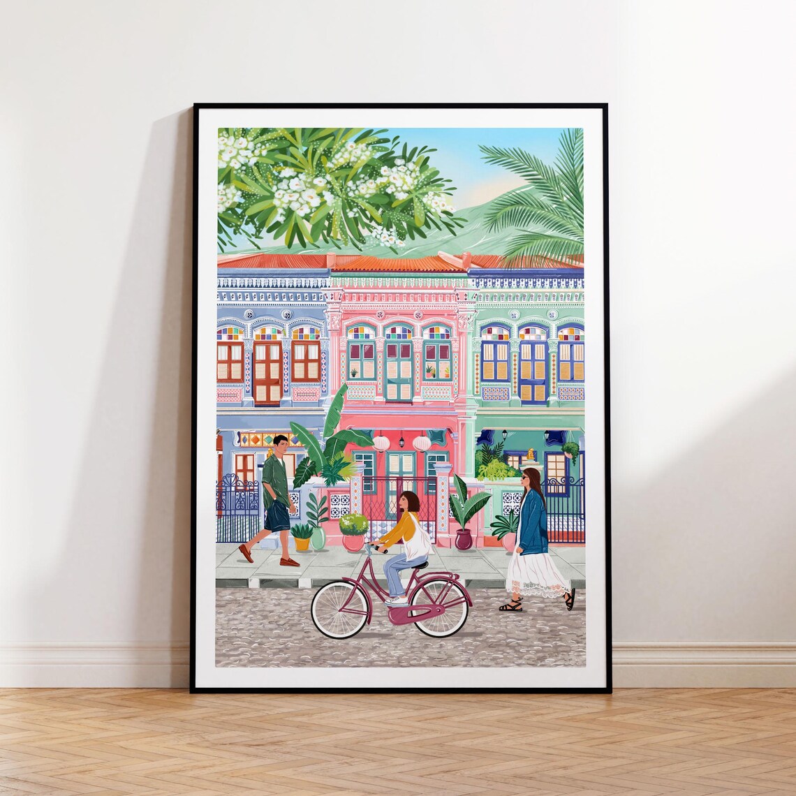 Singapore Peranakan Shophouses Street Cyclist Travel Art Poster - Image 2