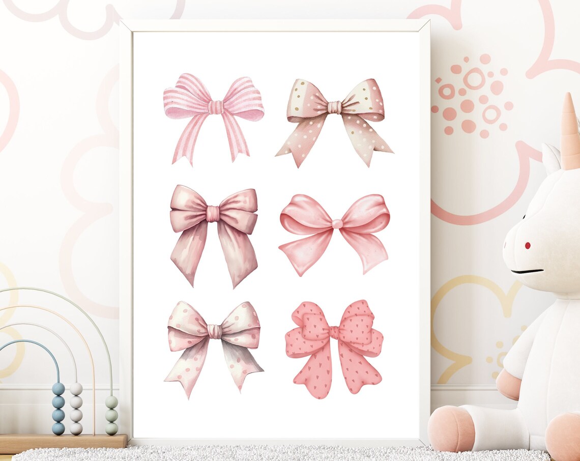 Pink Watercolor Bows Set of Six Girls Nursery Room Wall Poster