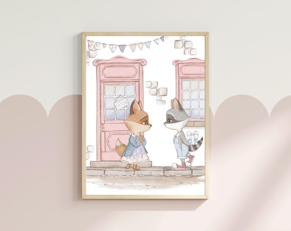 Fun Girls Room Wall Art Watercolour Animal Art Cute Girls Nursery Decor Village Scene Illustration First Love Print
