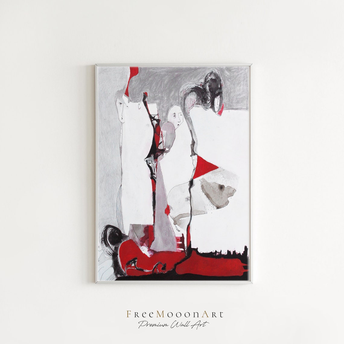 Surreal Abstract Faces Red White and Gray Contemporary Art Poster