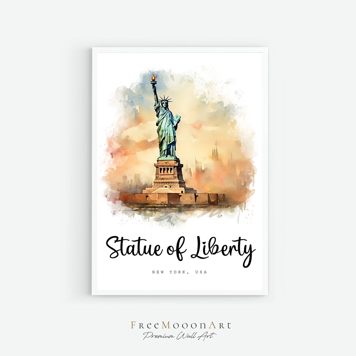 Statue of Liberty New York Harbor Sunset Watercolor Travel Poster