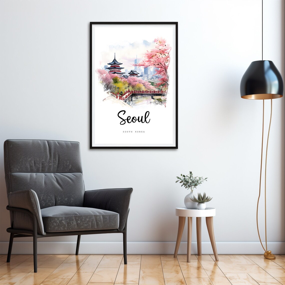 Seoul South Korea Cherry Blossom Watercolor Travel Poster Pagoda - Image 4