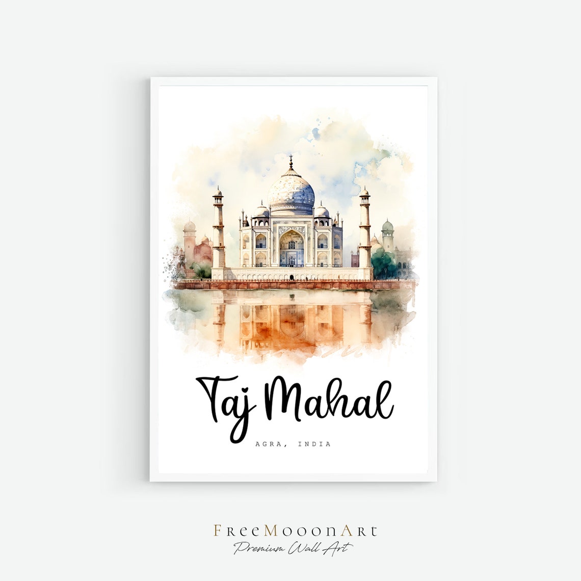 Taj Mahal Agra India Watercolor Travel Poster Monument Reflection