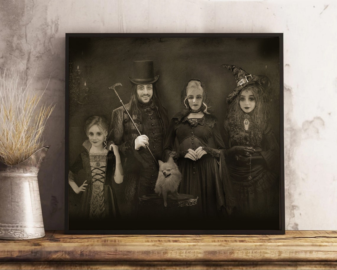 Gothic Witch Family Custom Halloween Group Portrait Poster With Pet