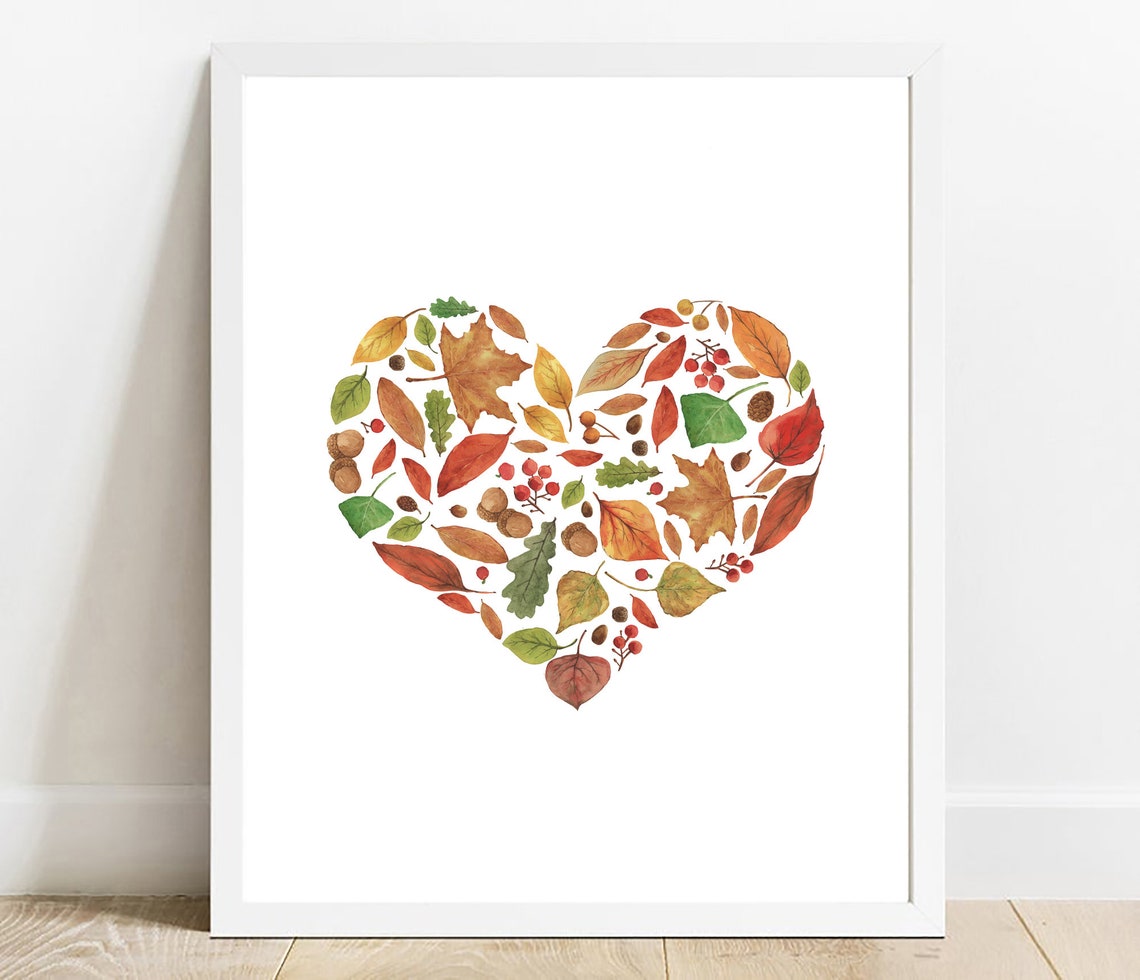 Heart Shaped Autumn Leaves Watercolor Fall Botanical Art Poster
