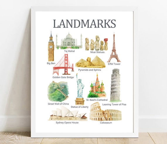 Landmarks Watercolor Art Print Educational Nursery Decor