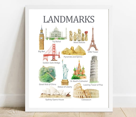 World Landmarks Educational Watercolor Chart Famous Sights Kids Room Poster
