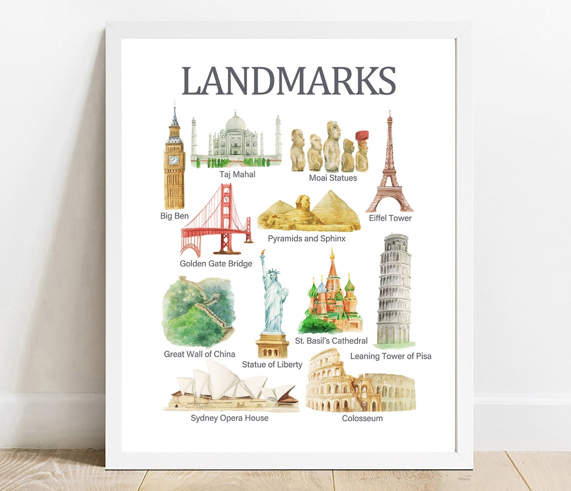 Landmarks Watercolor Art Print Educational Nursery Decor