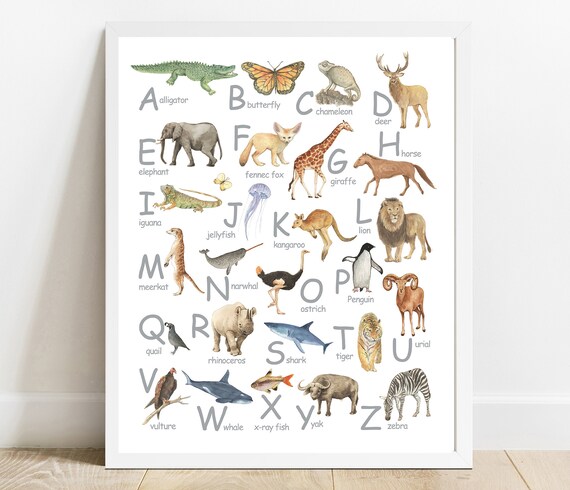 Watercolor Animal Alphabet A to Z Kids Educational Nursery Poster