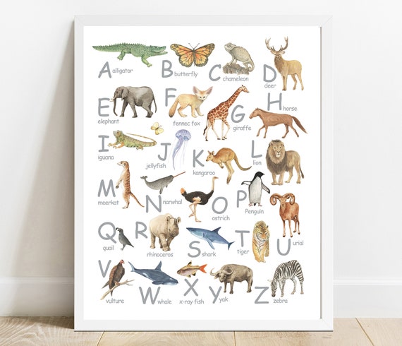 Watercolor Animals Alphabet Poster Kids Nursery Decor