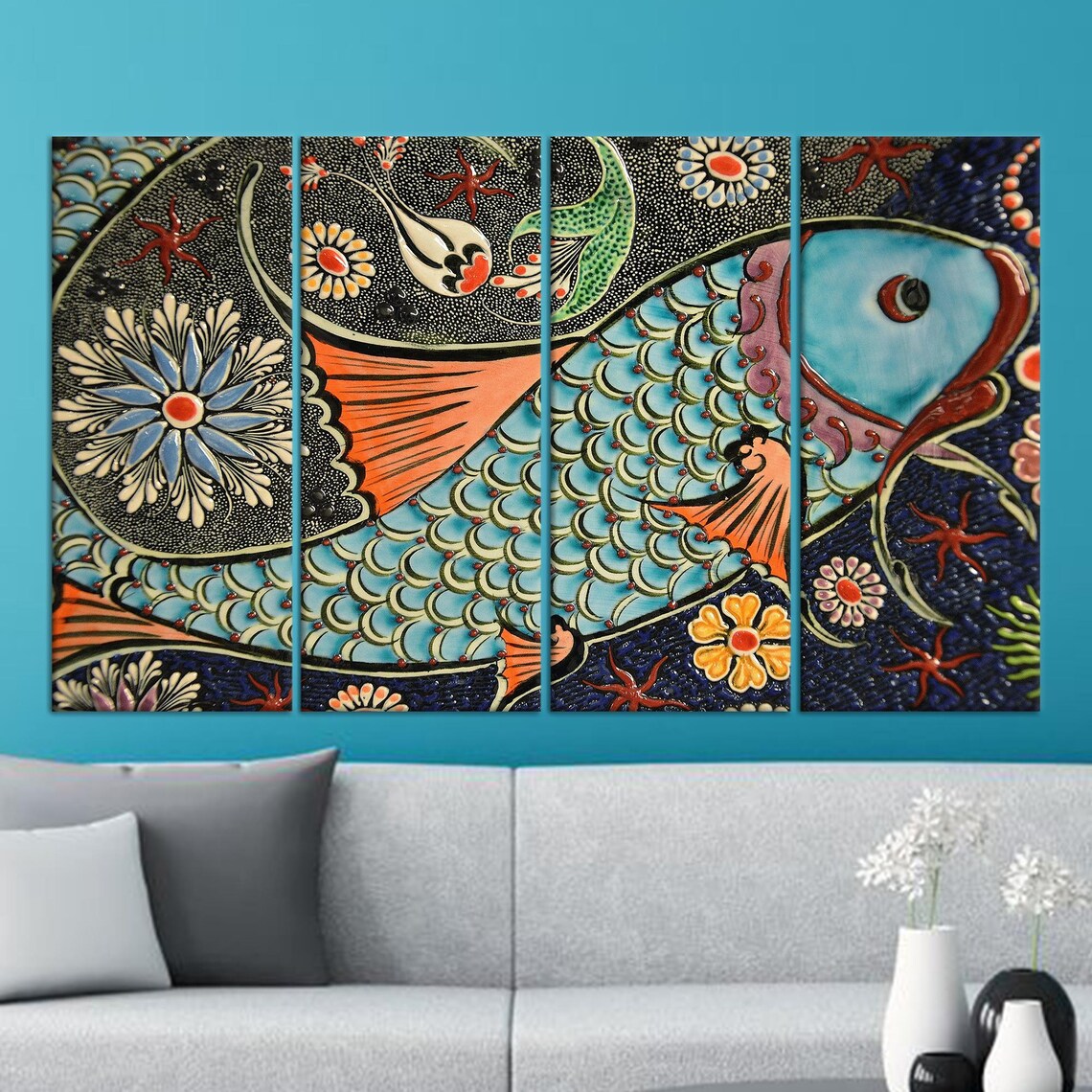 Decorative Blue Mosaic Fish with Florals and Starfish Patterns Poster - Image 2