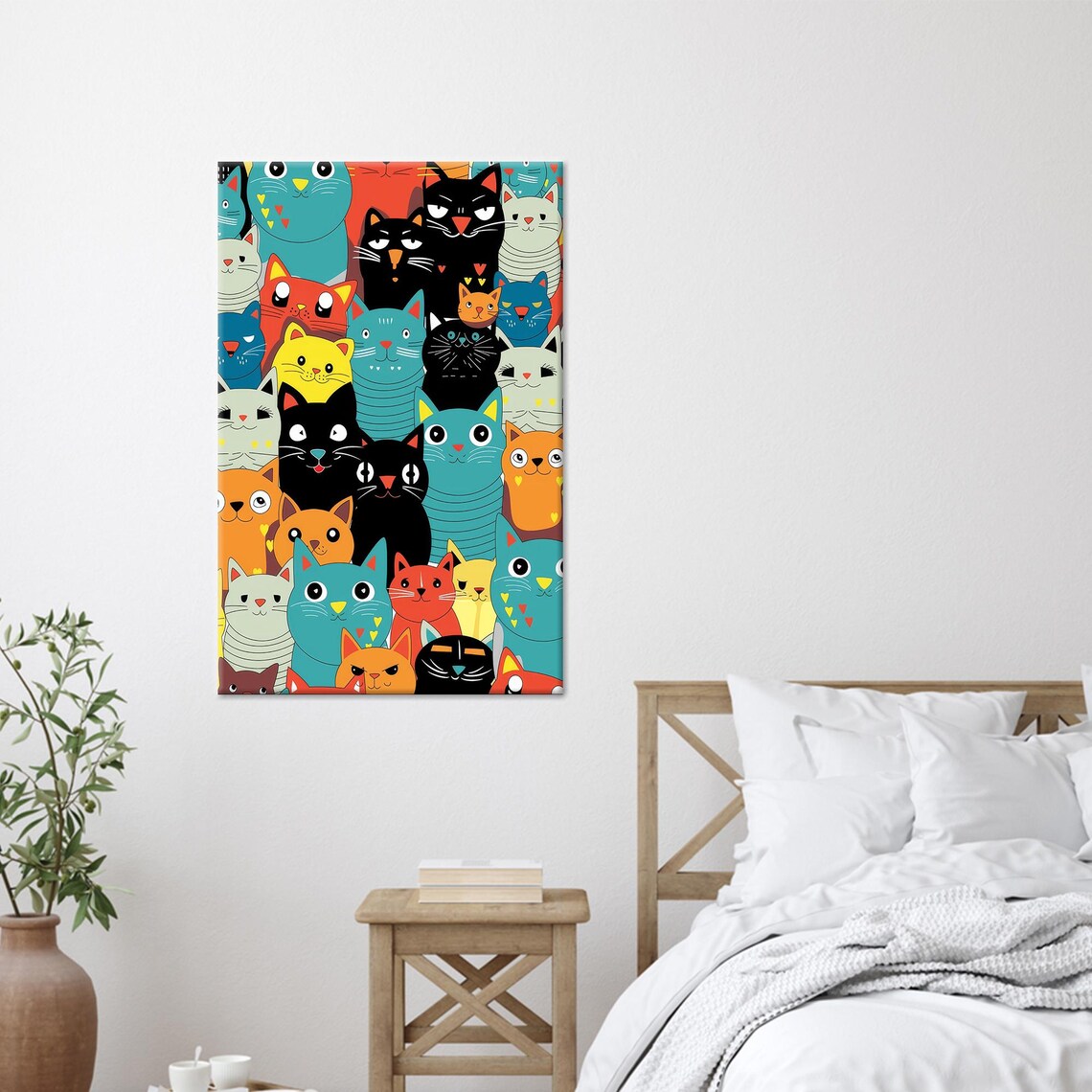 Dense Colorful Pattern Poster of Dozens of Funny Cartoon Cat Faces