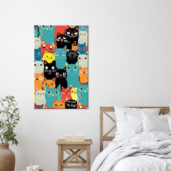 Dense Colorful Pattern Poster of Dozens of Funny Cartoon Cat Faces