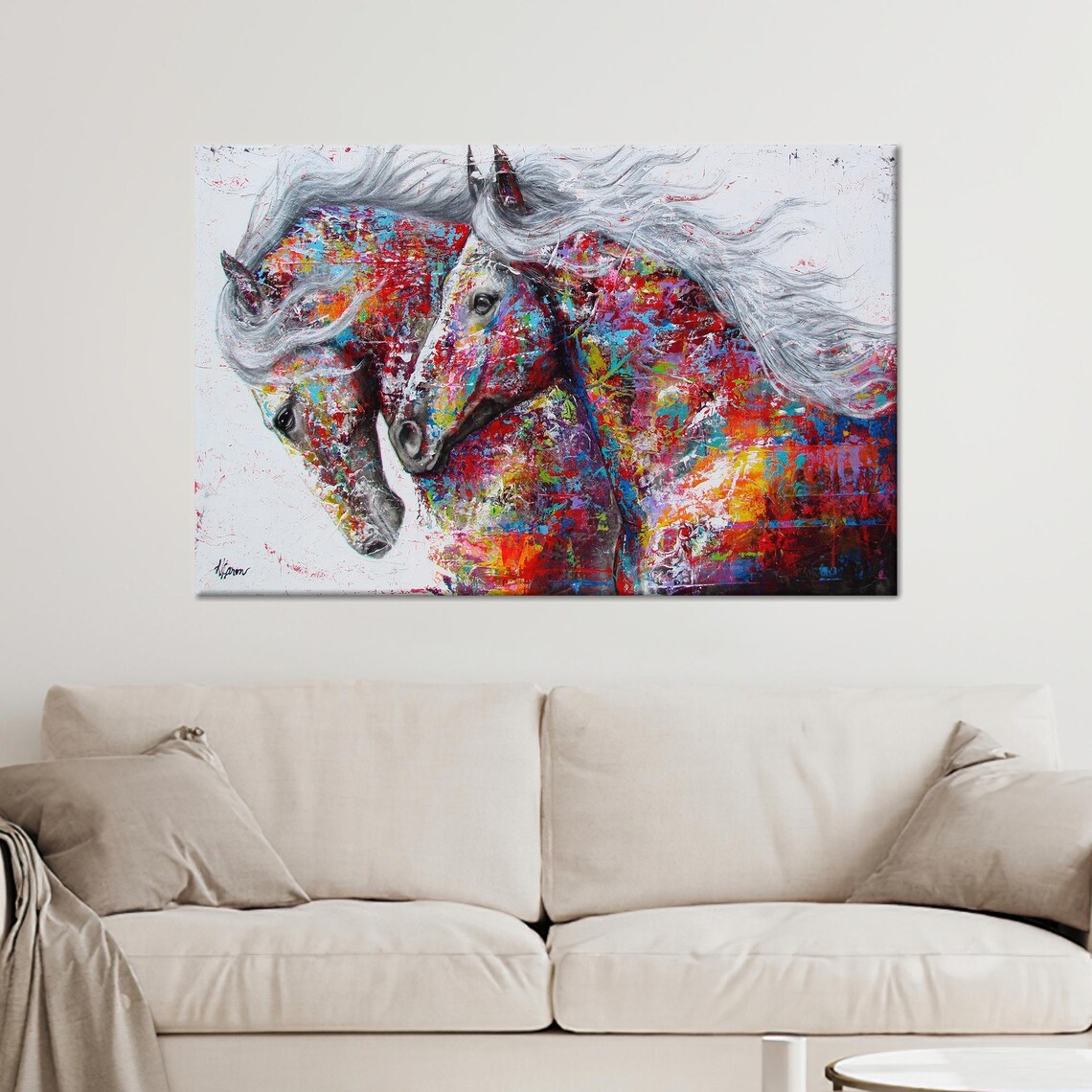 Farmhouse Painted Glass Horses, Modern Wall Art