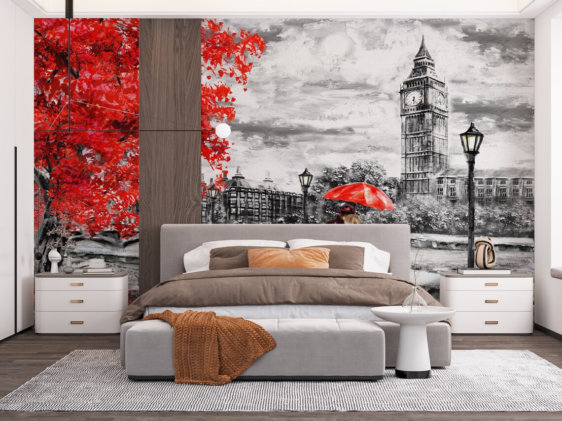 Couple With Red Umbrella, London Landscape Art Print - Image 2