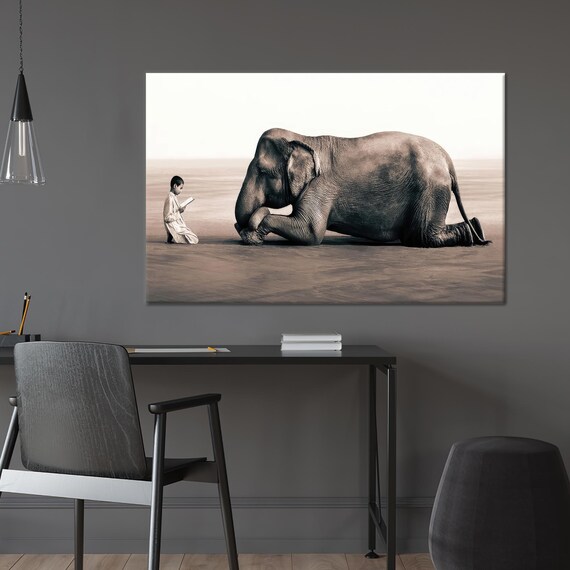 Boy Reading a Book Aloud to a Giant Resting Elephant Art Poster