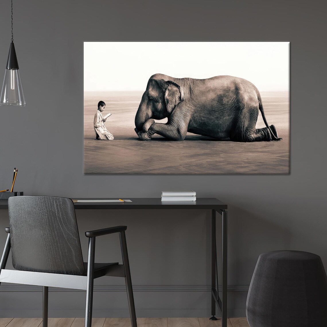 Boy Reading a Book Aloud to a Giant Resting Elephant Art Poster