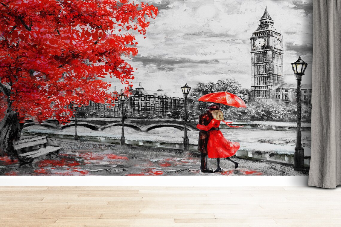 Couple With Red Umbrella, London Landscape Art Print