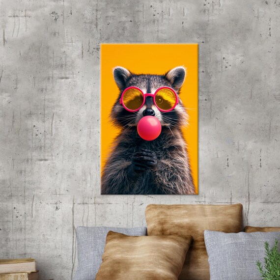 Cool Raccoon Blowing Pink Bubblegum Pop Art Portrait Style Poster