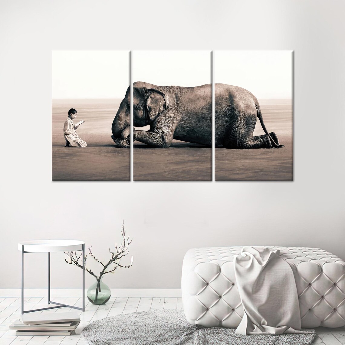 Boy Reading a Book Aloud to a Giant Resting Elephant Art Poster - Image 4
