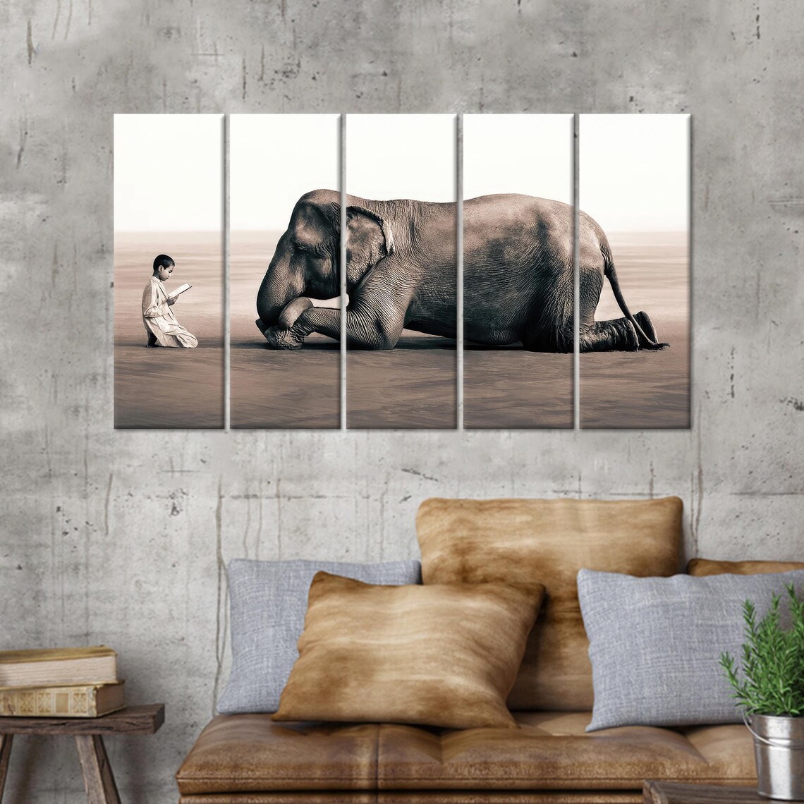 Boy Reading a Book Aloud to a Giant Resting Elephant Art Poster - Image 2