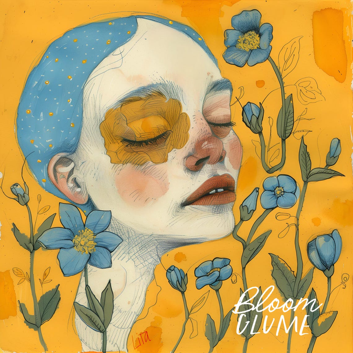 Woman Blue Headscarf Blue Flowers Orange Background Art Print