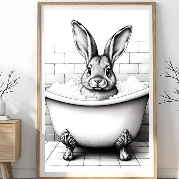 Bunny In Bathtub Print Funny Rabbit Bathroom Wall Art