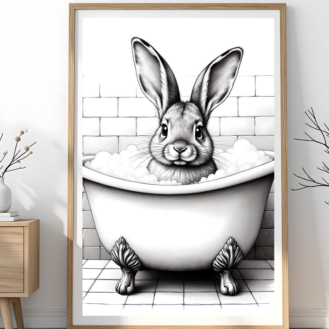 Bunny In Bathtub Print Funny Rabbit Bathroom Wall Art