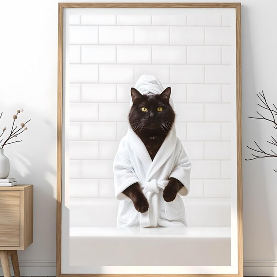 Black Cat in White Bathrobe Funny Bathroom Portrait Animal Poster