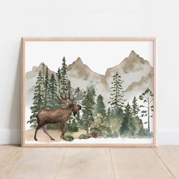 Watercolor Wildlife Art Landscape Painting Nature Inspired Decor Rustic Cabin Mountain Wilderness Forest Woods Moose Animal Large