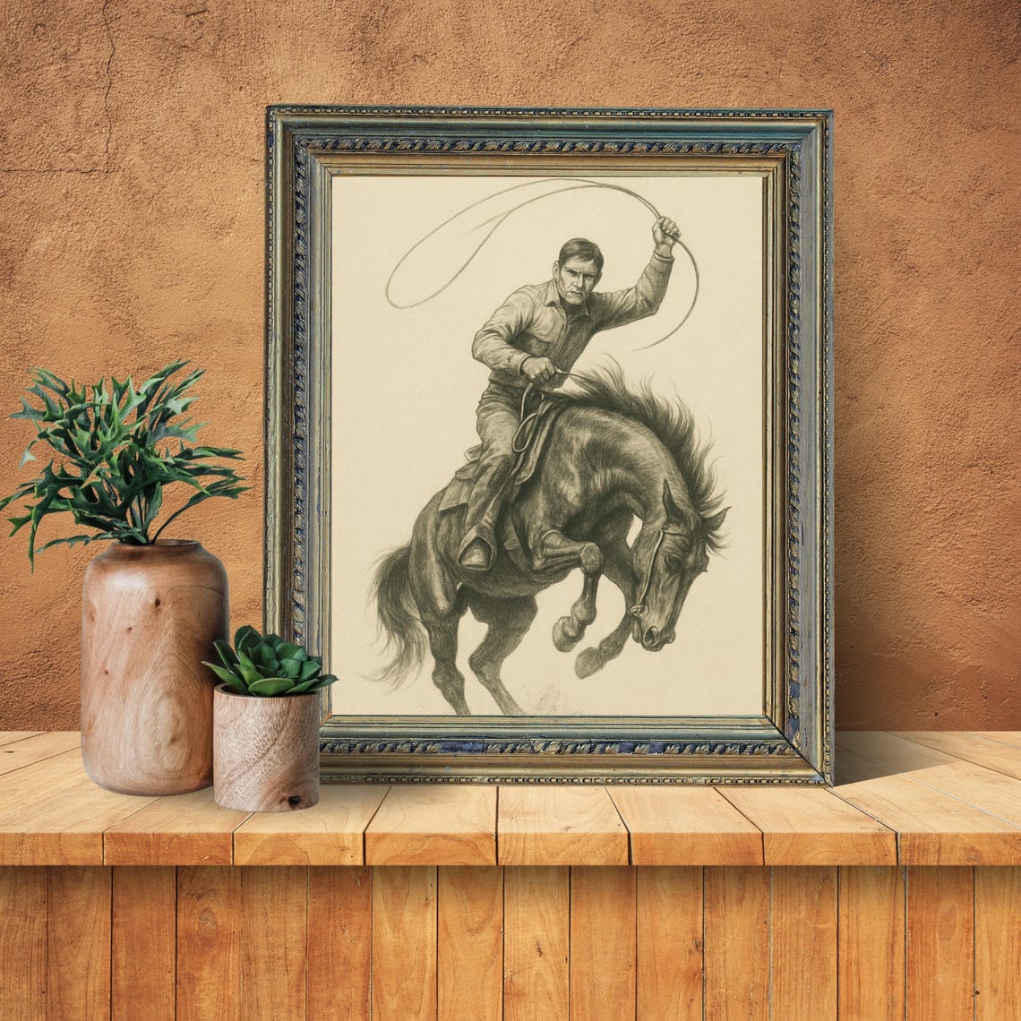 Western Cowboy Lasso Sketch, Rustic Western Decor - Image 2