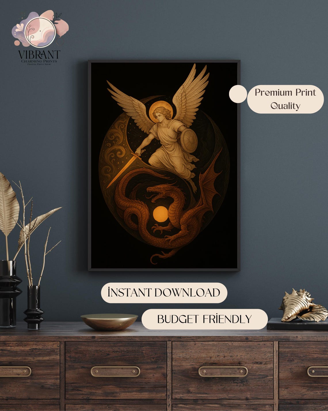 St Michael Defeating Dragon, Archangel Poster Print - Image 2