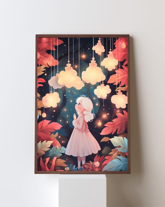 Dreamy Cloud Girl, Whimsical Night Sky Art Print