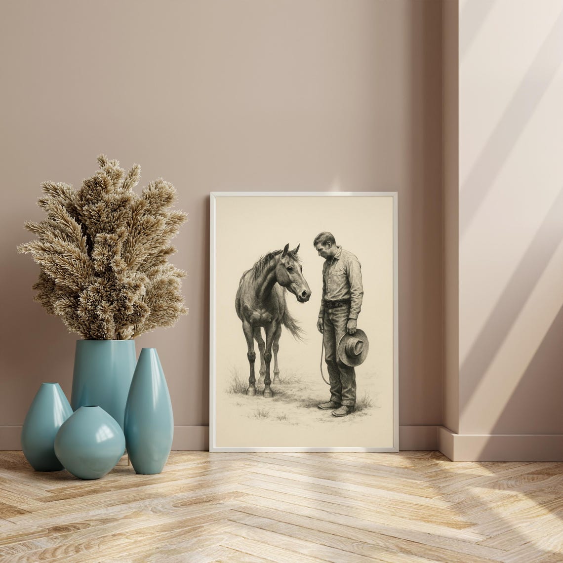 Western Cowboy And Horse Sketch, Vintage Western Decor - Image 3