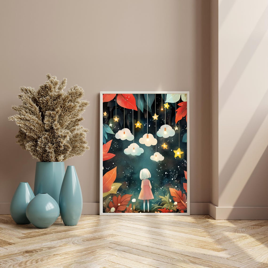 Dreamy Night Sky, Whimsical Girl Under Stars - Image 2