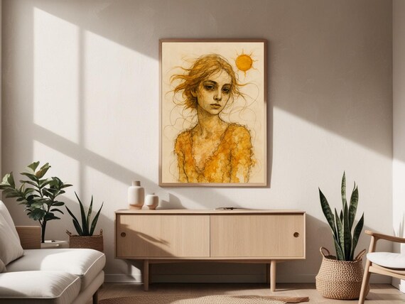 Golden Sun Woman Portrait, Boho Summer Decor