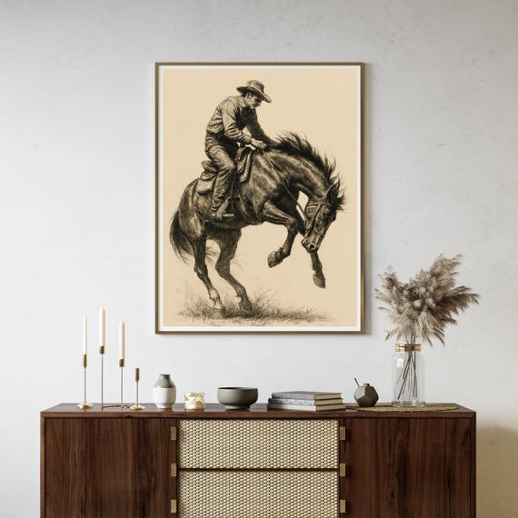 Western Cowboy Bronc Rider Sketch, Vintage Rodeo Art