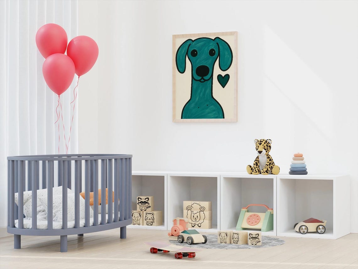 Whimsical Puppy Drawing With Heart, Nursery Decor - Image 4