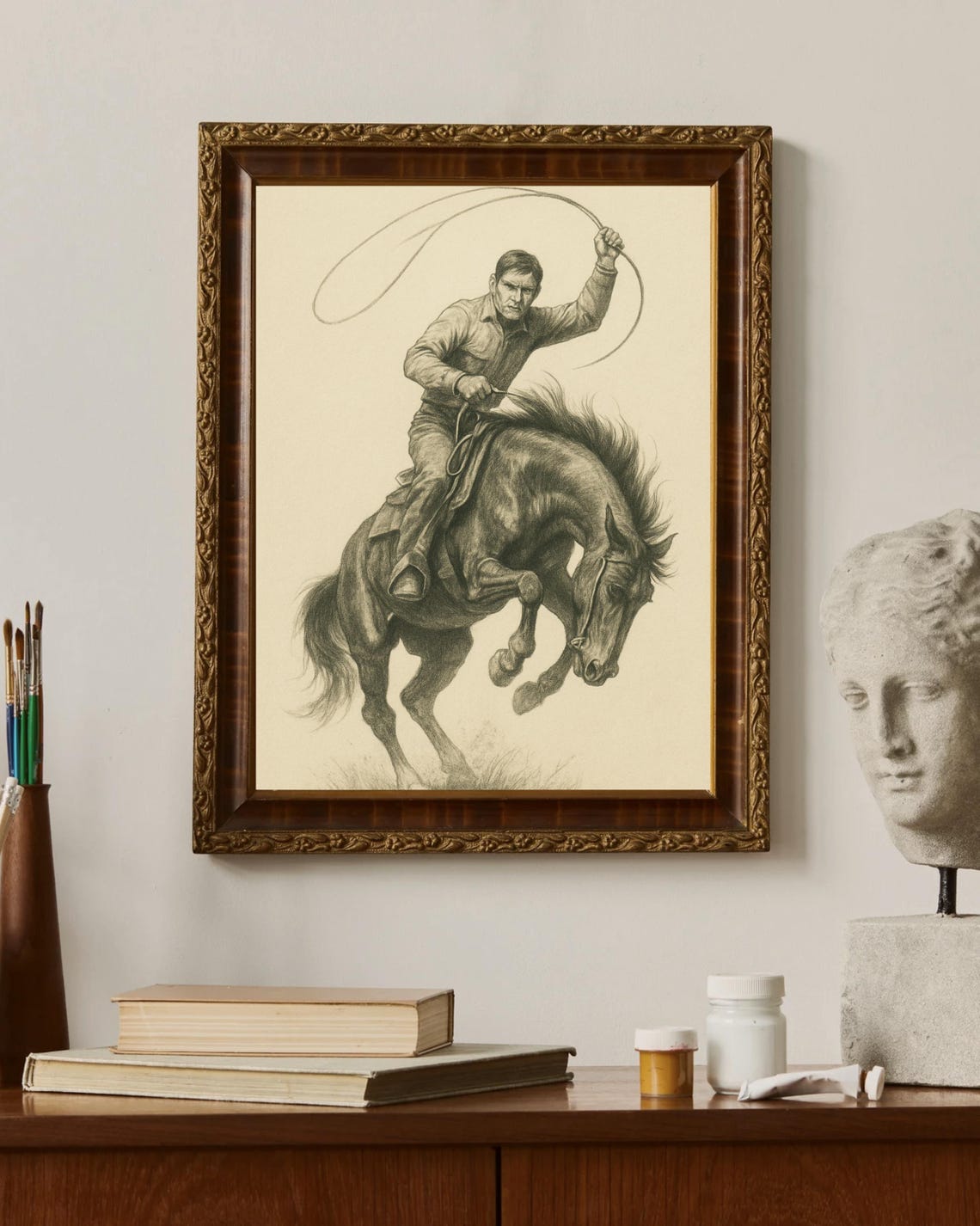 Western Cowboy Lasso Sketch, Rustic Western Decor - Image 5