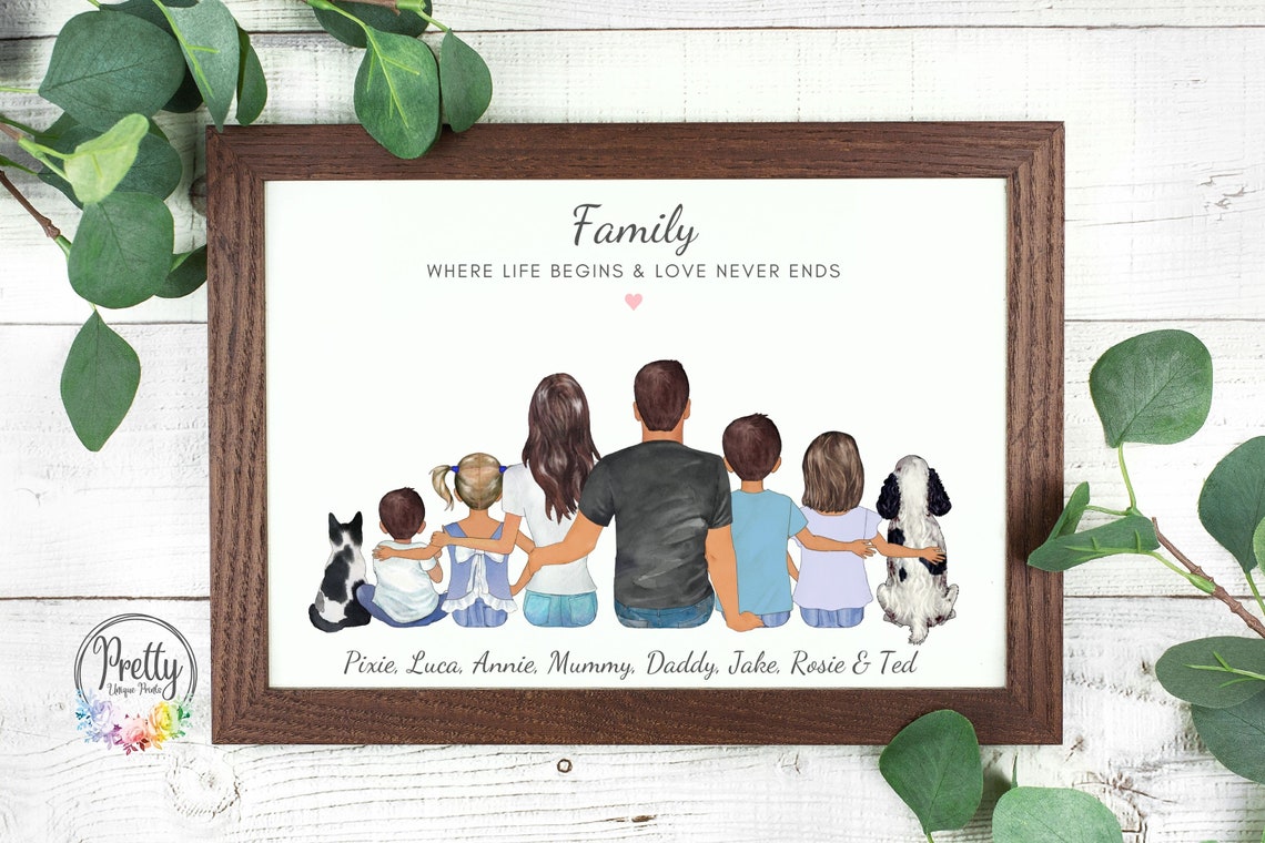 Personalised Family Print Custom Family Gift Family Dog Print Personalized Family Portrait With Pets Family Print Christmas Gift