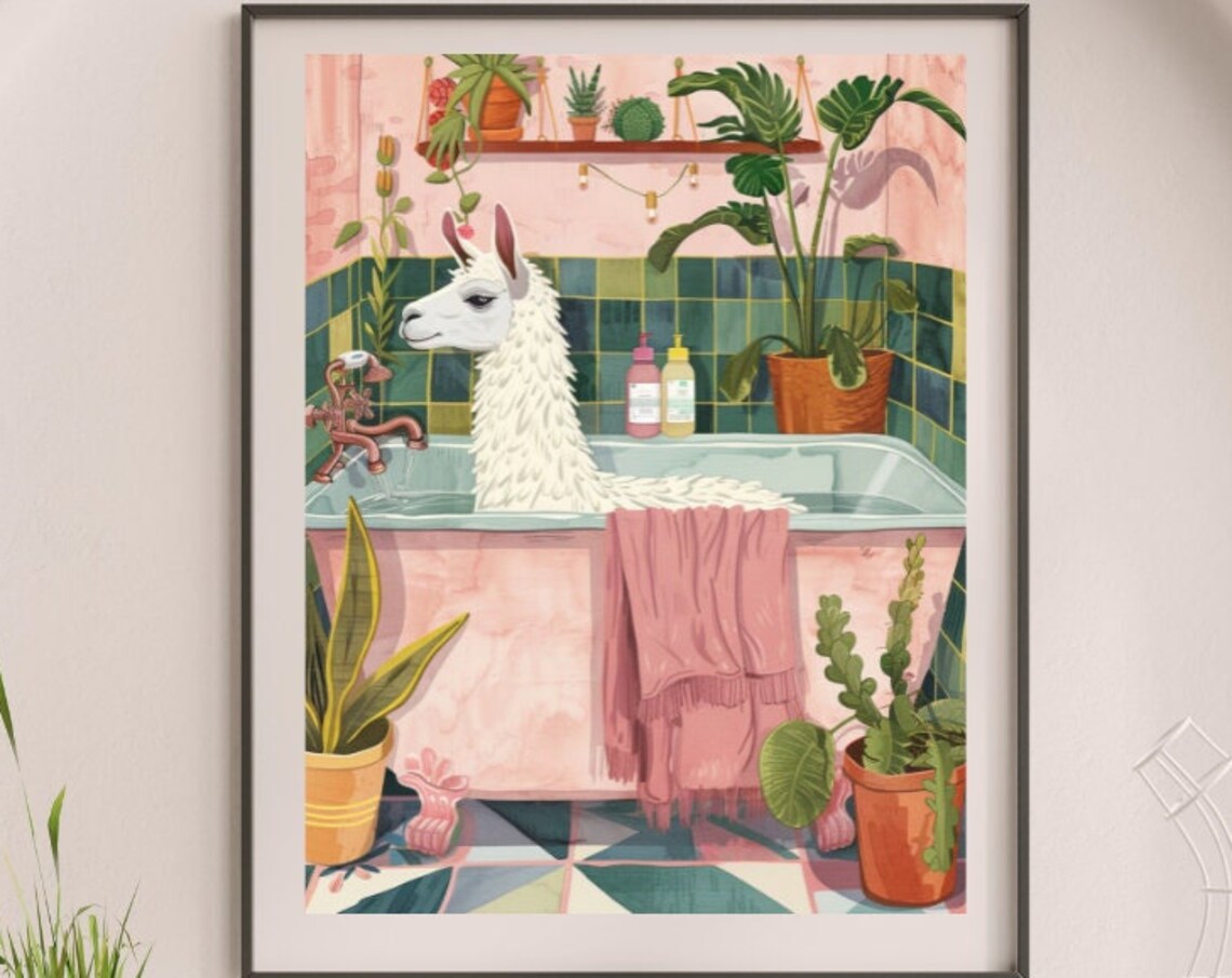 Llama In Tub Bathroom Wall Art, Quirky Bath Print