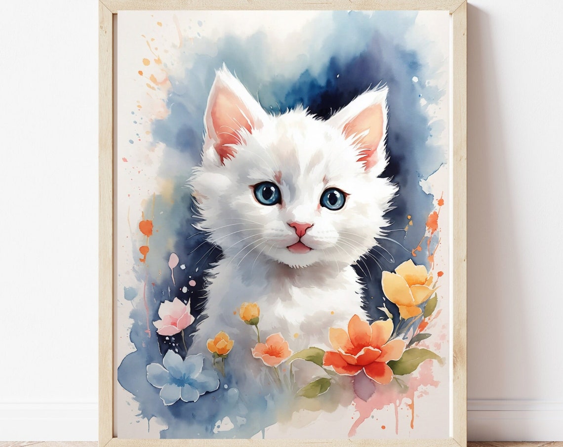 White Kitten Watercolor Pet Portrait Painting Pet Watercolour Picture Pet Watercolour Portrait Pet Print Wall Art Print Animals