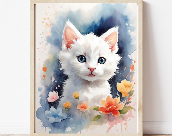White Kitten Blue Eyes Floral Watercolor Pet Portrait Poster