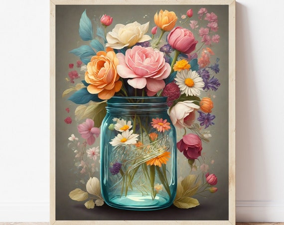 Whimsical Flowers in a Mason Jar, Floral Art Print